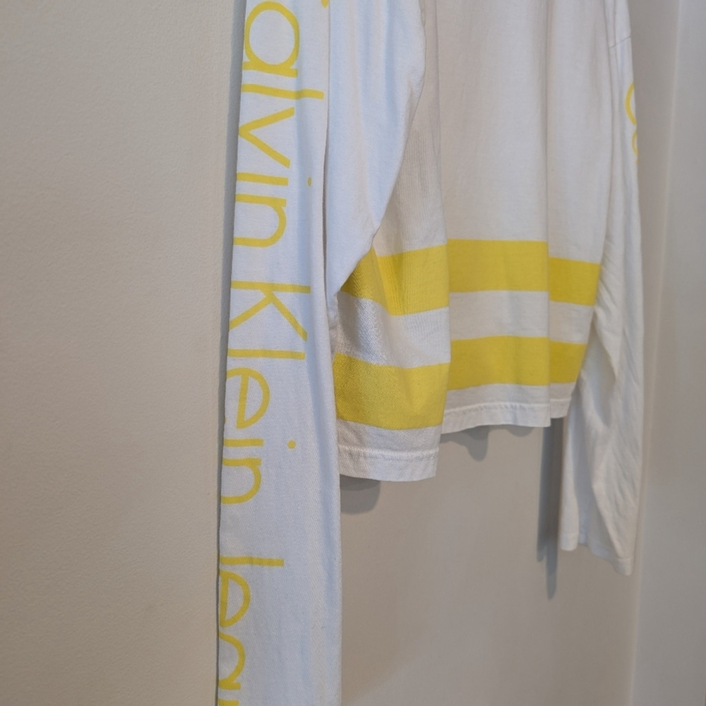 Calvin Klein Long Sleeve Tee Yellow White Cotton M Logo Athleisure Y2K - Picture 3 of 3